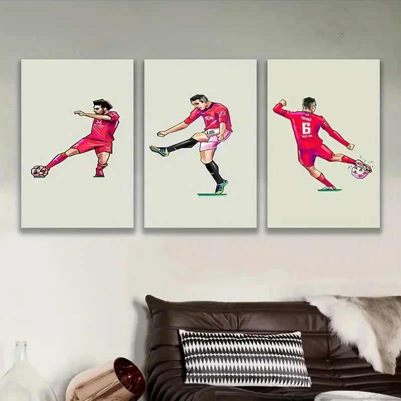 3pcs Soccer Player Wall Art Set Canvas Framed 50x70cm - High Quality Print 100% Australian Made Wall Canvas Ready to Hang