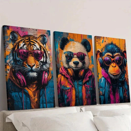 3pcs Animals wearing glasses and headphones Wall Art Set Canvas Framed 40x60cm - High Quality Print 100% Australian Made Wall Canvas Ready to Hang