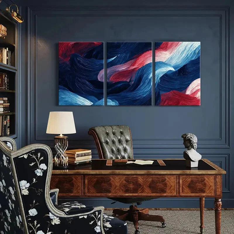 3pcs Abstract Waves Art Blue Red White Colors Metal Print Ready to Hang Art - Bella Home Decor
