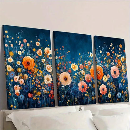 3pcs Vibrant Floral Design Blue Garden Wall Art Set Canvas Unframed - High Quality Print 100% Australian Made Wall Canvas