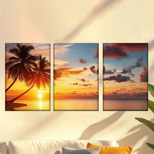 3pcs Serene Beach Sunset with Palm Tree Wall Art Set Canvas Framed 60x90cm - High Quality Print 100% Australian Made Wall Canvas Ready to Hang