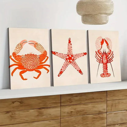 3pcs Red Shrimp Crab Star Fish Orange & Beige Wall Art Canvas Unframed - High Quality Print 100% Australian Made Wall Canvas