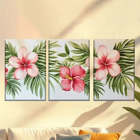 3pcs Vibrant Pink Hibiscus Flowers Green Leaves Wall Art Canvas Unframed - High Quality Print 100% Australian Made Wall Canvas