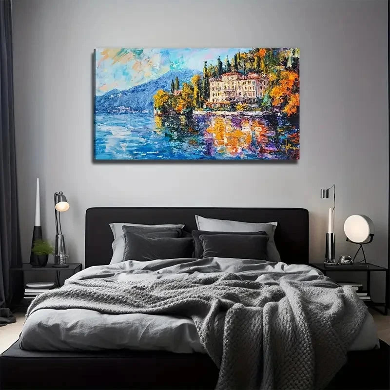 Mountain Building Lake Wall Art Canvas Office Home Room Framed 120x60cm