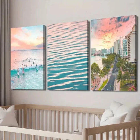3pcs Surfing Sunset Ocean Waves Decor Wall Art Set Canvas Unframed - High Quality Print 100% Australian Made Wall Canvas