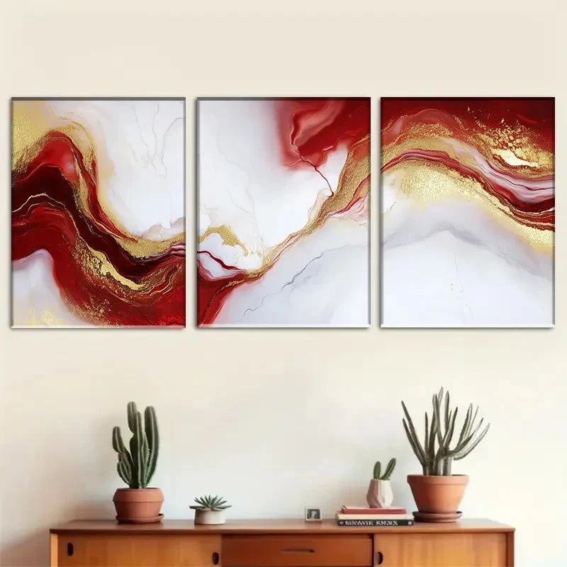 3pcs Abstract Red and Golden Wall Art Set Metal Print Ready to Hang Art - Bella Home Decor