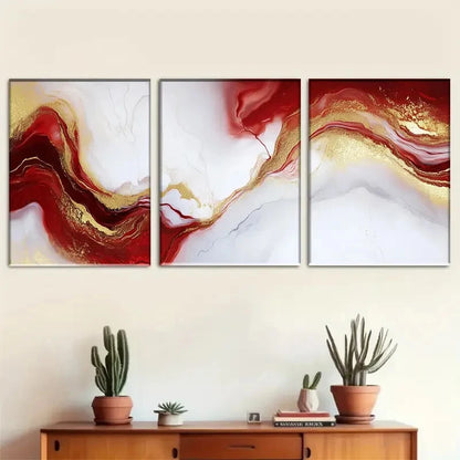 3pcs Abstract Red and Golden Wall Art Set Metal Print Ready to Hang Art - Bella Home Decor