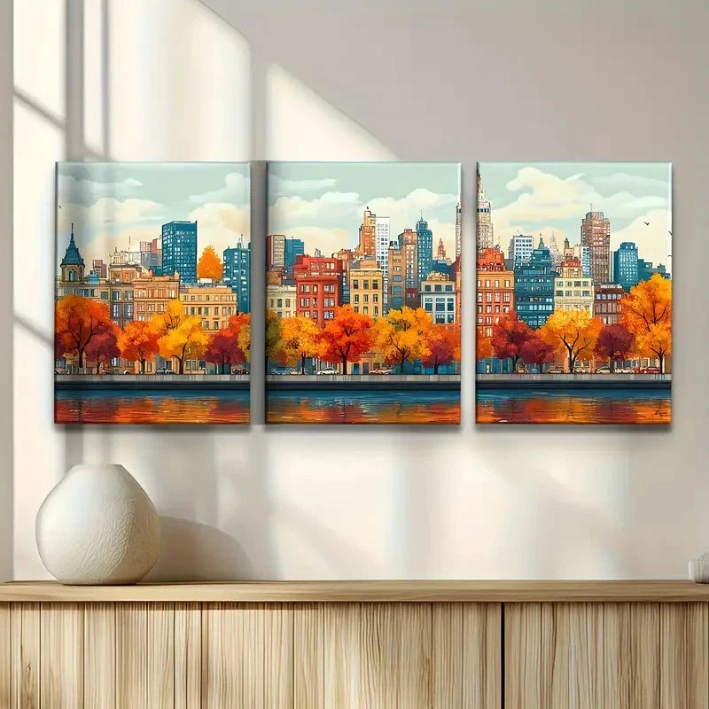 3pcs Autumn River & Skyline Views Metal Print Ready to Hang Art - Bella Home Decor