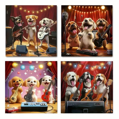 4pcs Singing Dogs with Musical Instruments Wall Art Canvas Framed