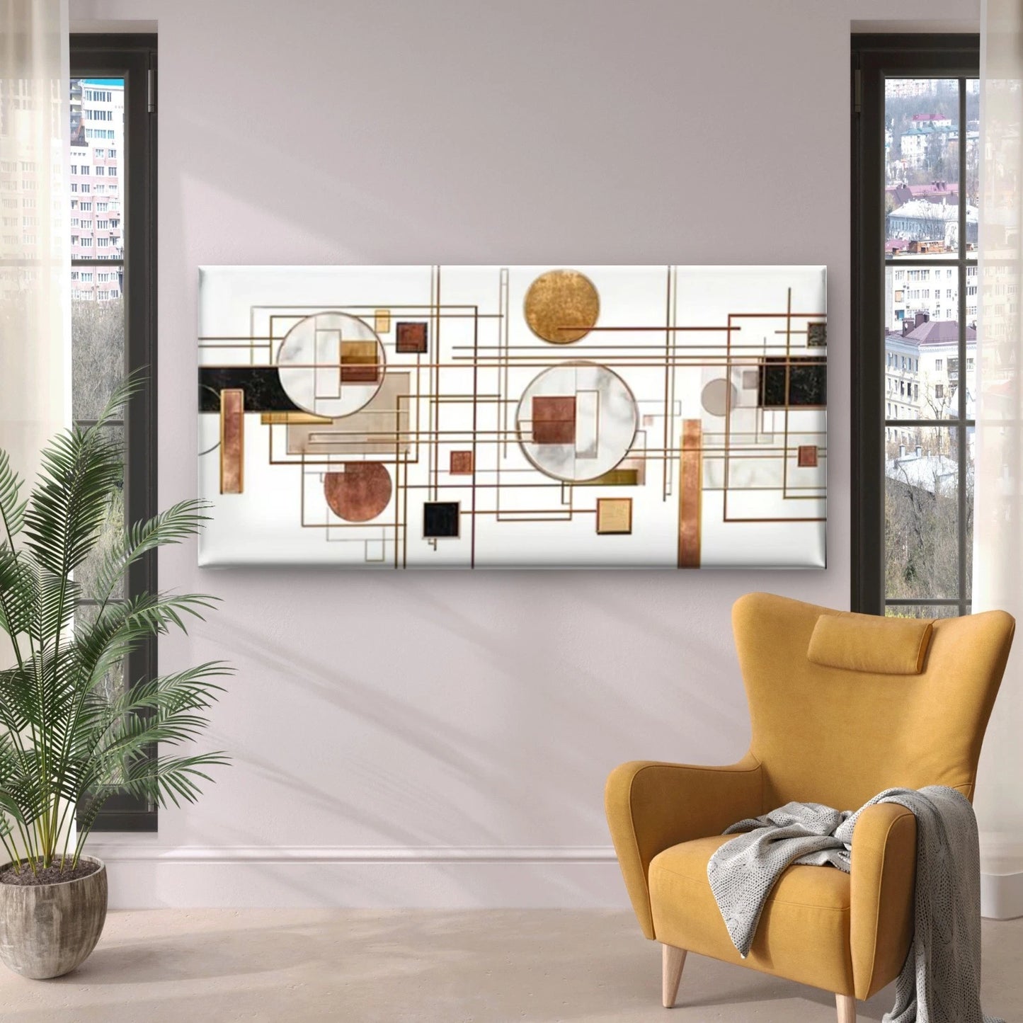Black White Golden Copper Circles Squares Wall Art Canvas Office Home Room Framed 120x60 cm