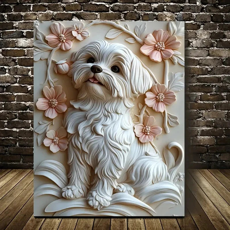 Beautiful Vigilant Shih Tzu Heart Blossoms Painting 40x60cm Metal Print Ready to Hang - Bella Home Decor