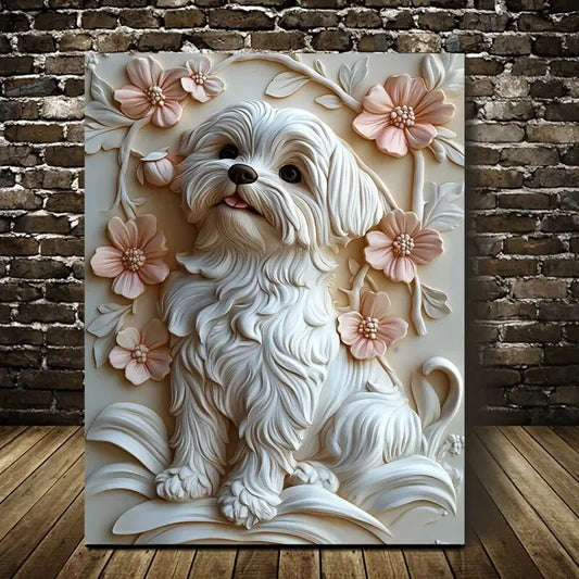 Beautiful Vigilant Shih Tzu Heart Blossoms Painting 40x60cm Metal Print Ready to Hang - Bella Home Decor