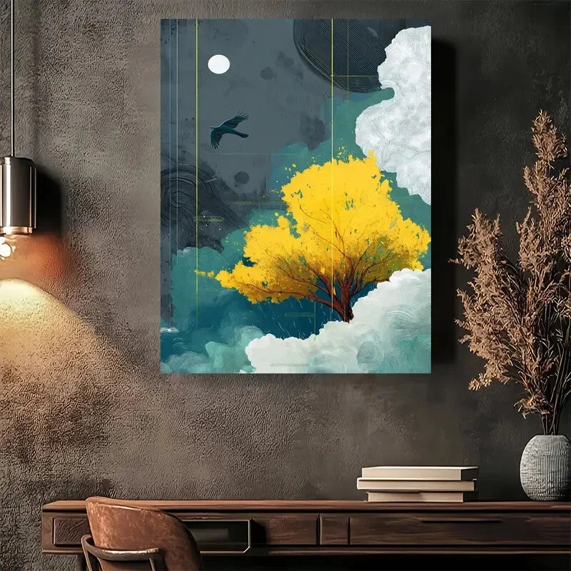 Beautiful Whimsical Golden Tree In The Sky Painting 40x60cm Metal Print Ready to Hang - Bella Home Decor