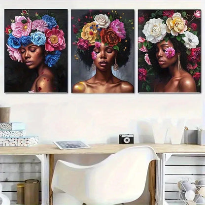 3pcs Floral Crown Woman Stunning Portrait Metal Print Ready to Hang Art - Bella Home Decor