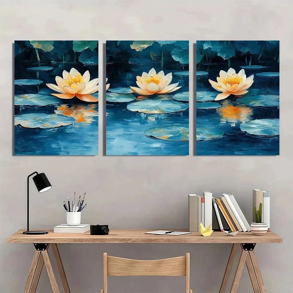 3pcs Vibrant Retro Water Lilies Metal Print Ready to Hang Art - Bella Home Decor