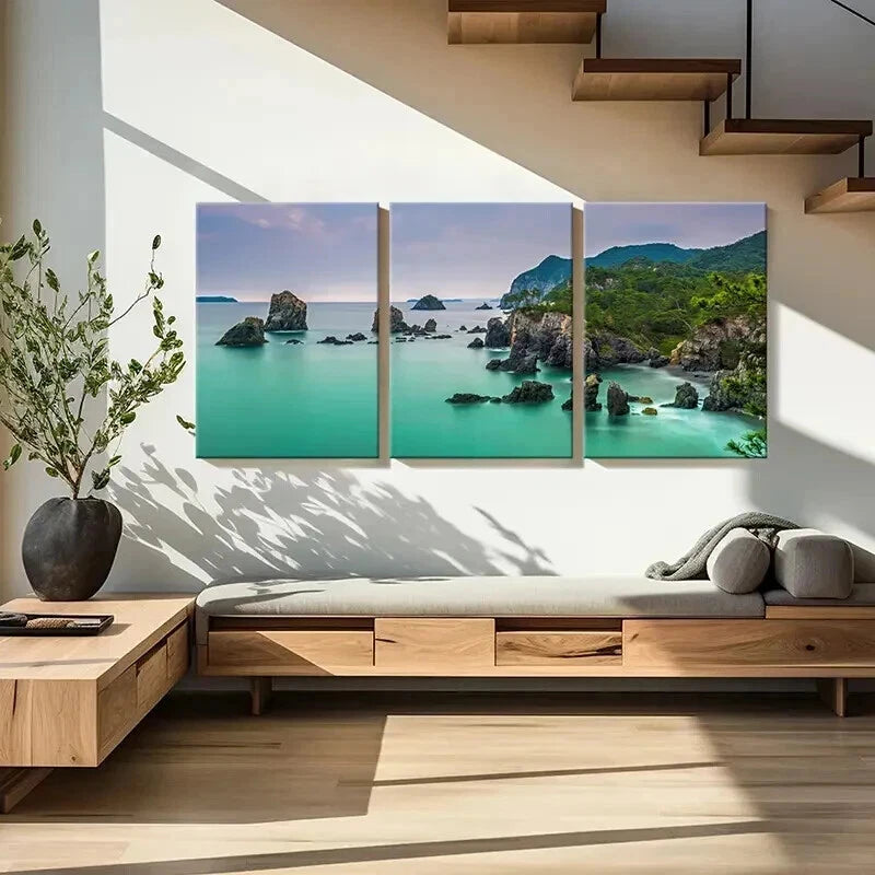 3pcs Tropical Beach Landscape with Rocks & Trees Wall Art Set Canvas Framed 50x70cm - High Quality Print 100% Australian Made Wall Canvas Ready to Hang - Bella Home Decor