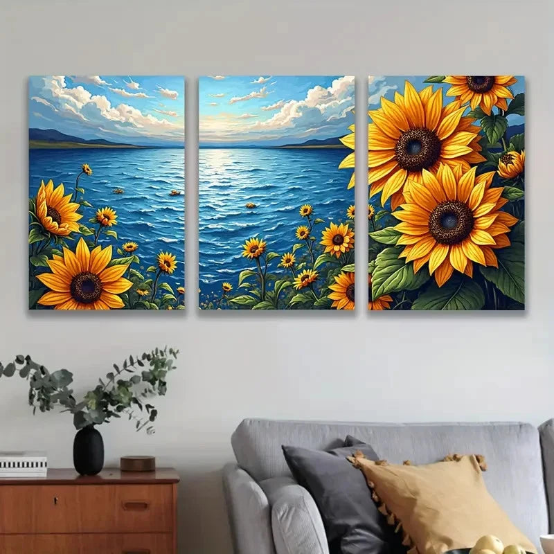 3pcs Bright Sunflower Floral With River Painting Wall Art Set Canvas Framed 40x60cm - High Quality Print 100% Australian Made Wall Canvas Ready to Hang - Bella Home Decor