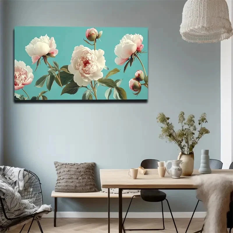 White Peony Petals On Teal Wall Art canvas office home room framed 120x60cm