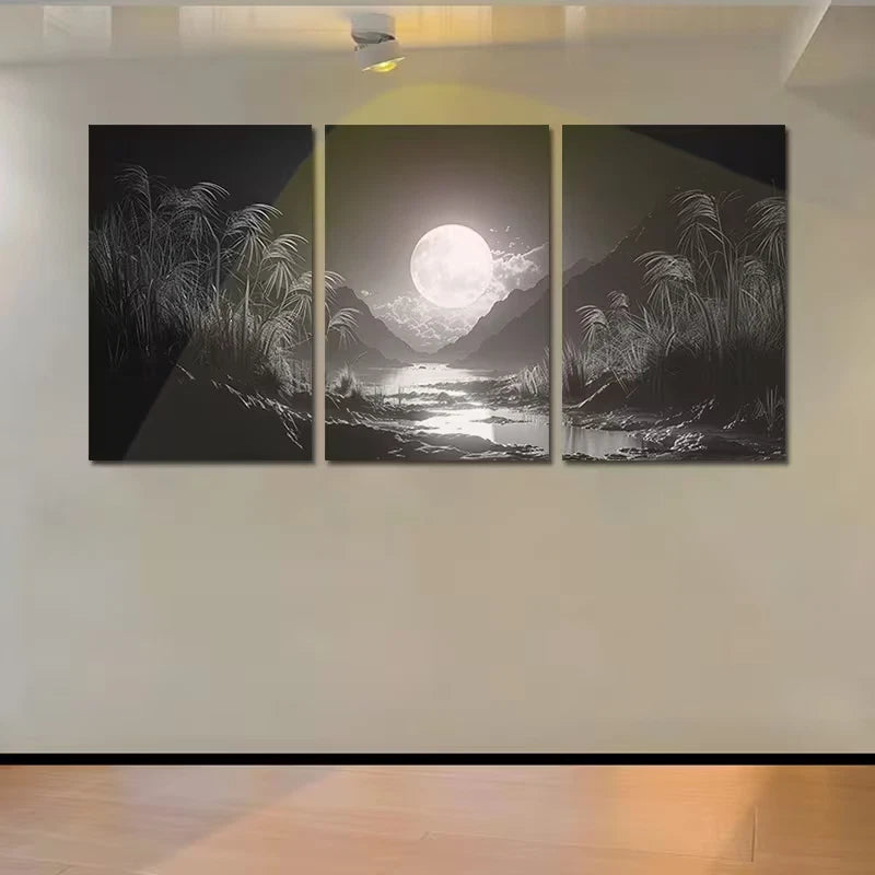 3pcs Moonlit Mountain and River Landscape Wall Art Set Canvas Framed 60x90cm - High Quality Print 100% Australian Made Wall Canvas Ready to Hang