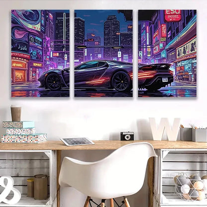 3pcs Bugatti La Voiture Noire City Night    Wal1l Art Set Canvas Framed 40x60cm - High Quality Print 100% Australian Made Wall Canvas Ready to Hang - Bella Home Decor