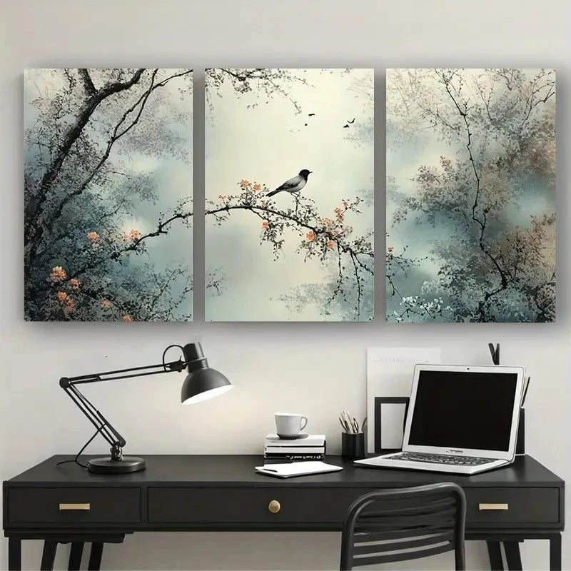 3pcs Modern Charming Bird & Branch Abstract Metal Print Ready to Hang Art - Bella Home Decor