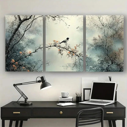 3pcs Modern Charming Bird & Branch Abstract Metal Print Ready to Hang Art - Bella Home Decor