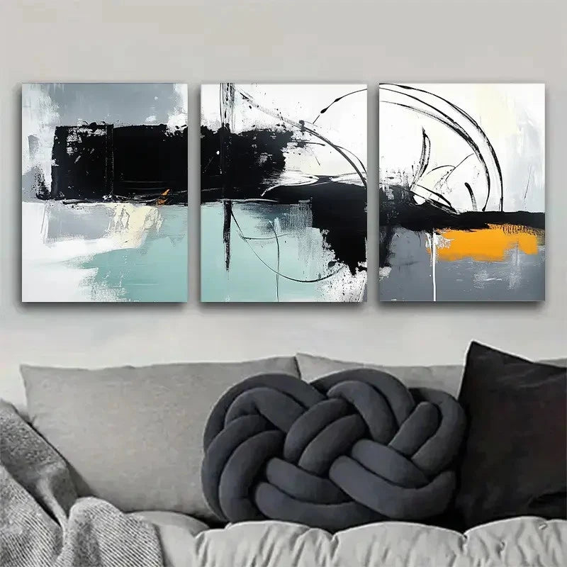 3pcs Abstract Black White Teal and Orange Metal Print Ready to Hang Art - Bella Home Decor