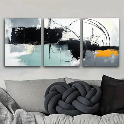 3pcs Abstract Black White Teal and Orange Metal Print Ready to Hang Art - Bella Home Decor
