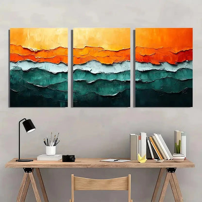 3pcs Orange and Green Abstract Painting Metal Print Ready to Hang Art - Bella Home Decor