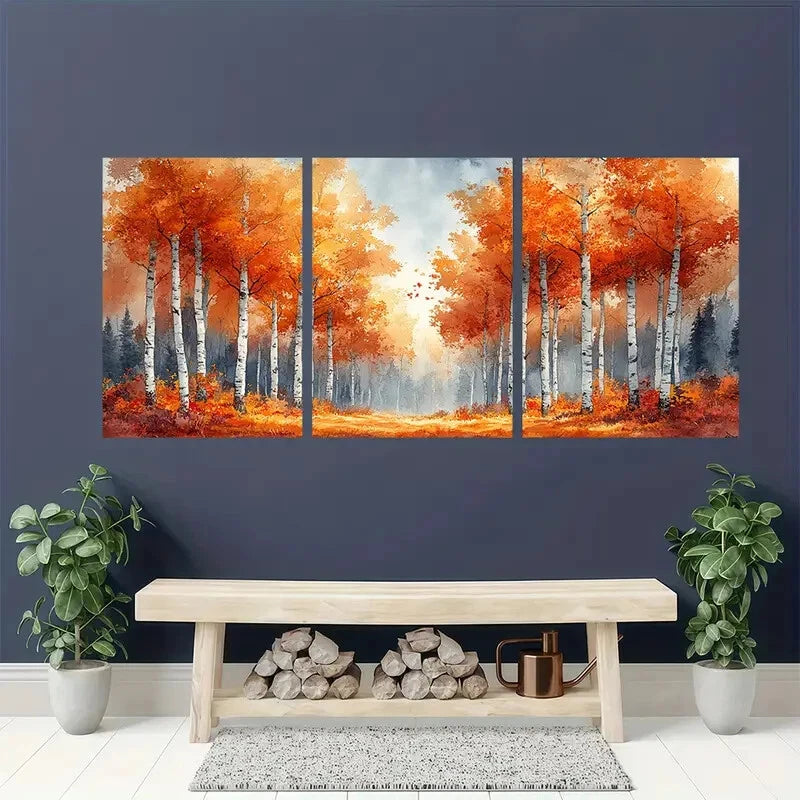 3pcs Autumn Birch Grove Watercolor Landscape Art Metal Print Ready to Hang Art - Bella Home Decor