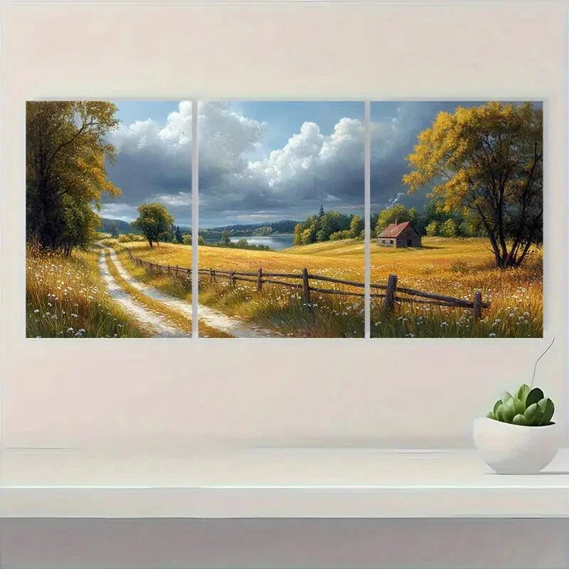 3pcs Serene Pathways Daisies and Tranquil Houses Metal Print Ready to Hang Art - Bella Home Decor