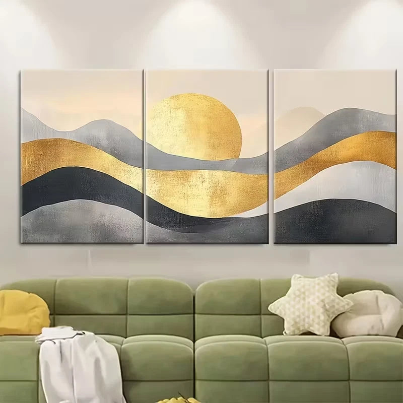 3pcs , Beige Grey Golden Minimalist Metal Print Ready to Hang Art - Bella Home Decor