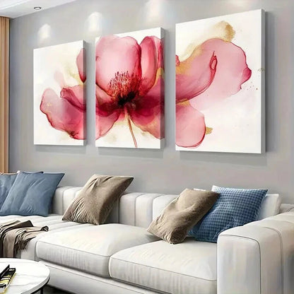 3pcs Modern Red Floral Elegant Golden Accents Wall Art Set Canvas Framed 50x70cm - High Quality Print 100% Australian Made Wall Canvas Ready to Hang