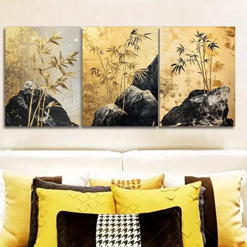 3pcs Golden Bamboo Triptych Painting Wall Art Set Canvas Framed 60x90cm - High Quality Print 100% Australian Made Wall Canvas Ready to Hang - Bella Home Decor