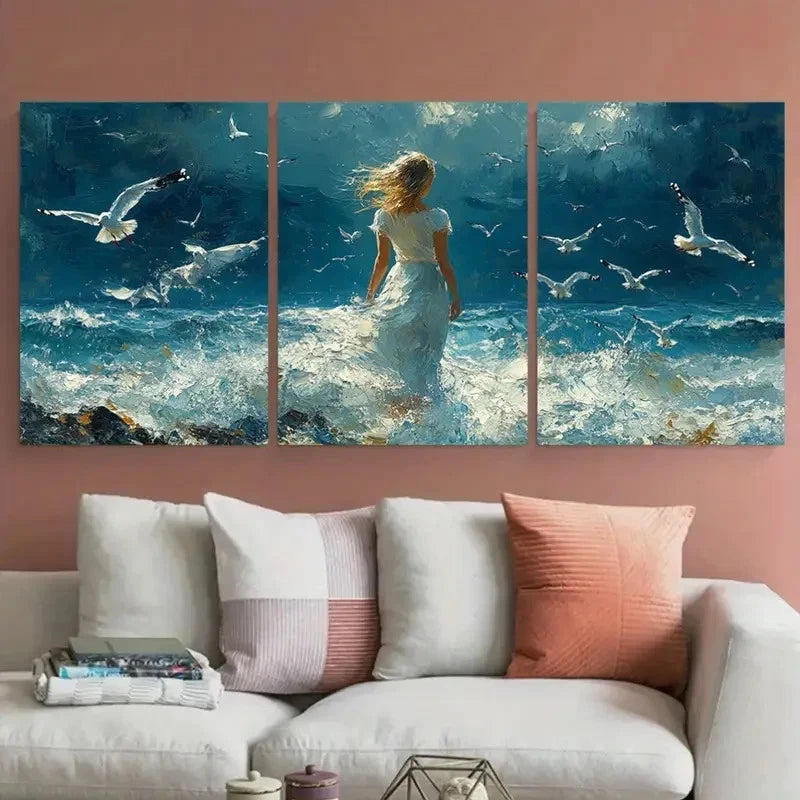 3pcs Abstract Seascape Young Woman Amidst Seagulls Metal Print Ready to Hang Art - Bella Home Decor