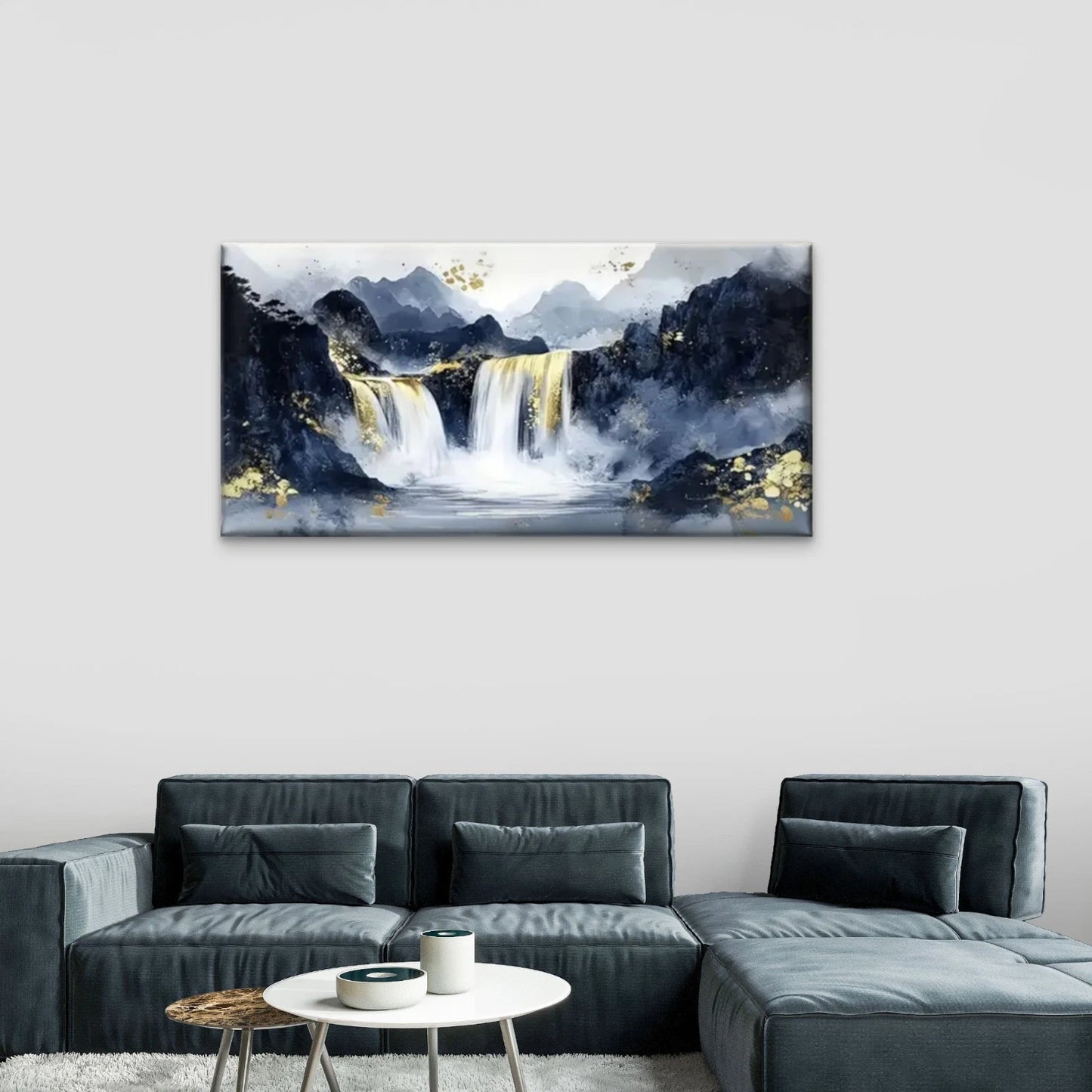 Waterfall Yellow Leaves Dark Wall Art Canvas Office Home Room Framed 120x60cm