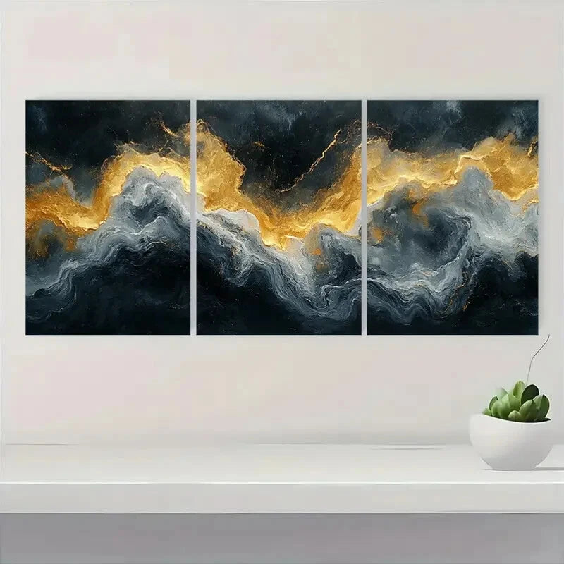 3pcs Minimalist Abstract Golden & Black Wave Metal Print Ready to Hang Art - Bella Home Decor