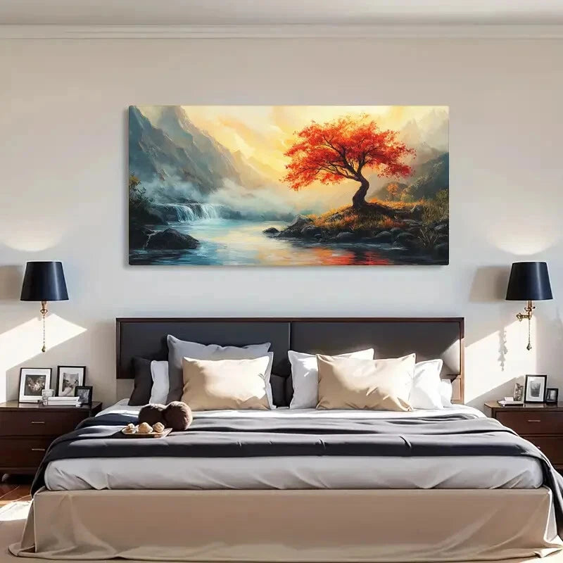 Autumn Mountain Landscape River Wall Art Canvas Office Home Room Framed 120x60cm - Bella Home Decor