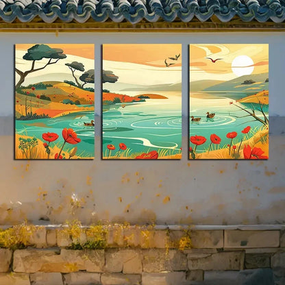 3pcs Vibrant Serene Pond and Ducks Scene Metal Print Ready to Hang Art