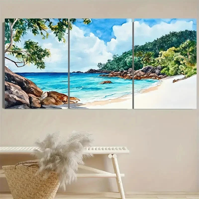 3pcs Beach Scene with Palm Trees & Ocean Wall Art Set Canvas Framed 40x60cm - High Quality Print 100% Australian Made Wall Canvas Ready to Hang - Bella Home Decor