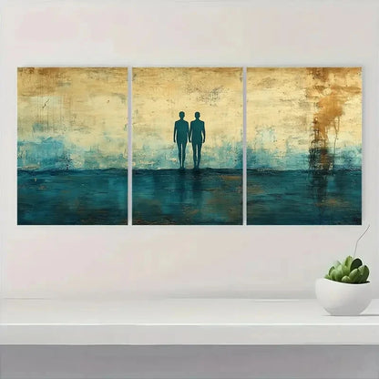 3pcs Cyan & Beige Silhouettes of Figures Metal Print Ready to Hang Art - Bella Home Decor