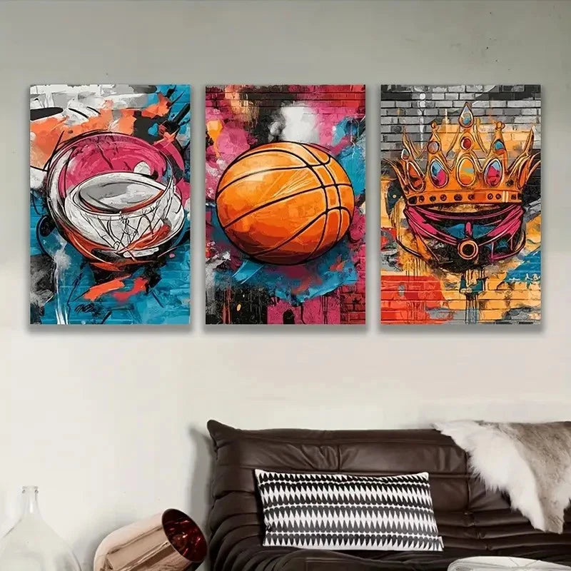 3pcs Vibrant Basketball Artwork Wall Art Set Canvas Framed 40x60cm - High Quality Print 100% Australian Made Wall Canvas Ready to Hang