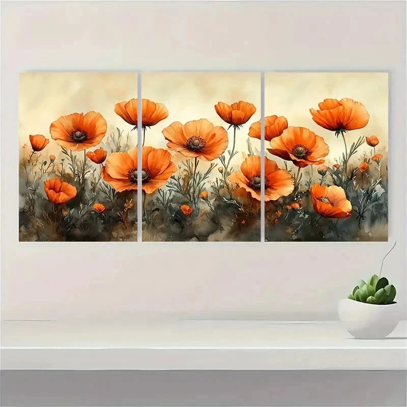 3pcs Vibrant Orange Poppies Blooming Perfect Wall Art Set Canvas Framed 50x70cm - High Quality Print 100% Australian Made Wall Canvas Ready to Hang - Bella Home Decor