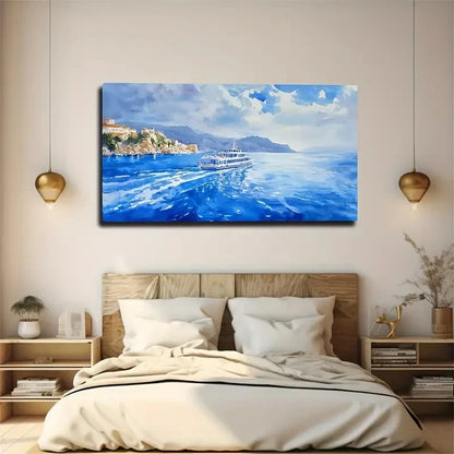 Blue White Gradient Ocean Wave Wall Art Canvas Office Home Room Framed 120x60cm
