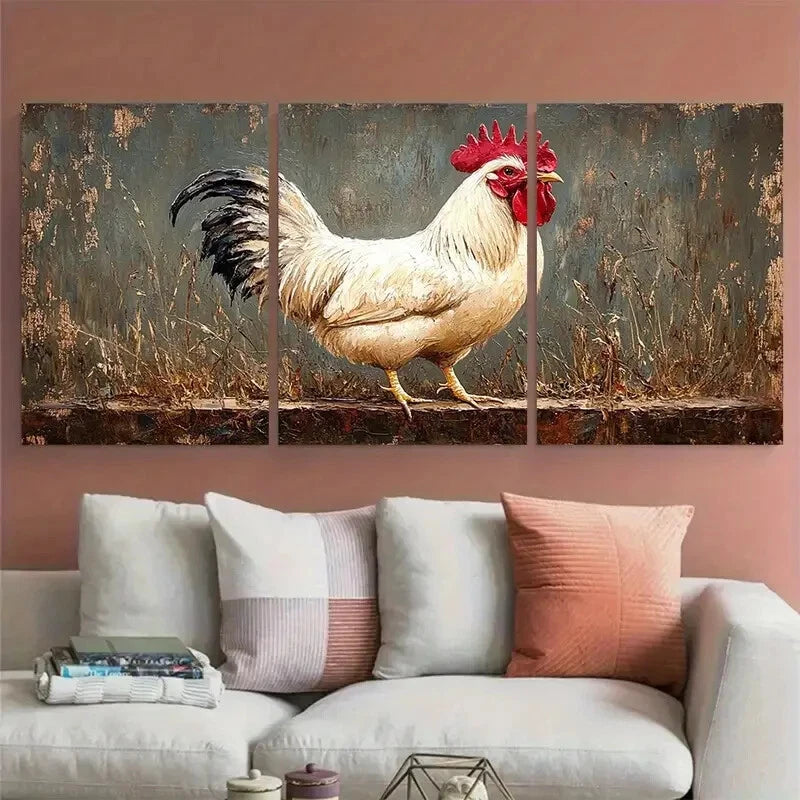 3pcs White Rooster Farm Animals Rustic Design Metal Print Ready to Hang Art - Bella Home Decor