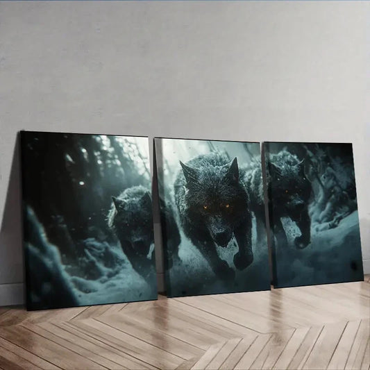3pcs Fierce Wolf pack Charging Wall Art Set Canvas Framed 40x60cm - High Quality Print 100% Australian Made Wall Canvas Ready to Hang