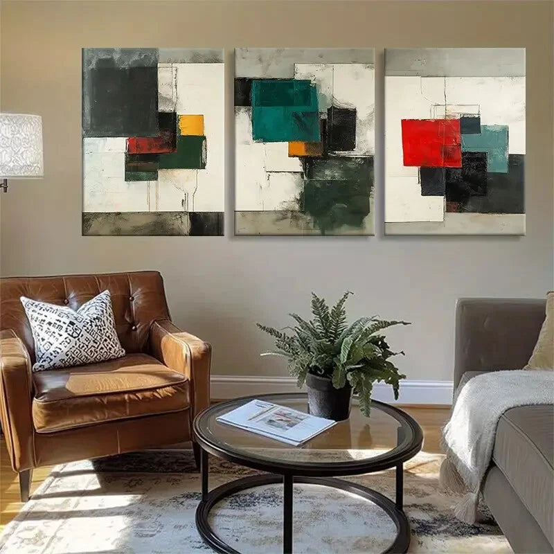 3pcs Abstract Geometric Black White & Red Neutral Metal Print Ready to Hang Art - Bella Home Decor