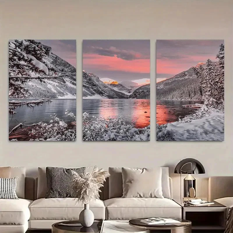 3pcs Orange Skies Lake Louise & Mountain Metal Print Ready to Hang Art