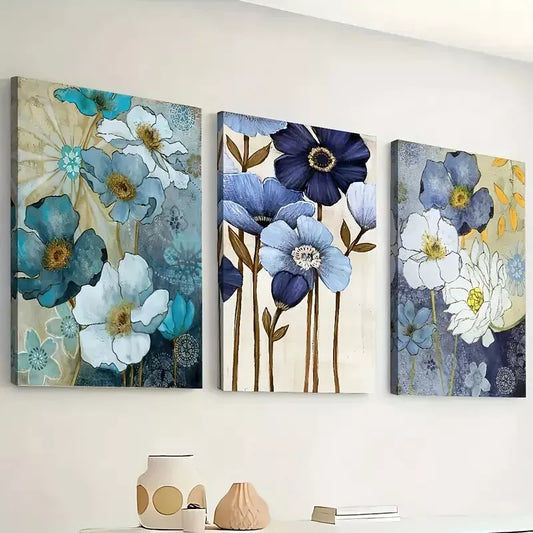 3pcs Abstract floral blue for Lotus Flowers Wall Art Set Canvas Framed 40x60cm - High Quality Print 100% Australian Made Wall Canvas Ready to Hang