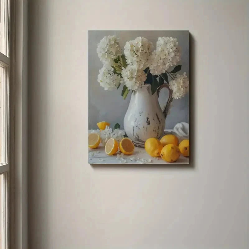 Beautiful Rustic White Jug & Lemon Painting 40x60cm Metal Print Ready to Hang
